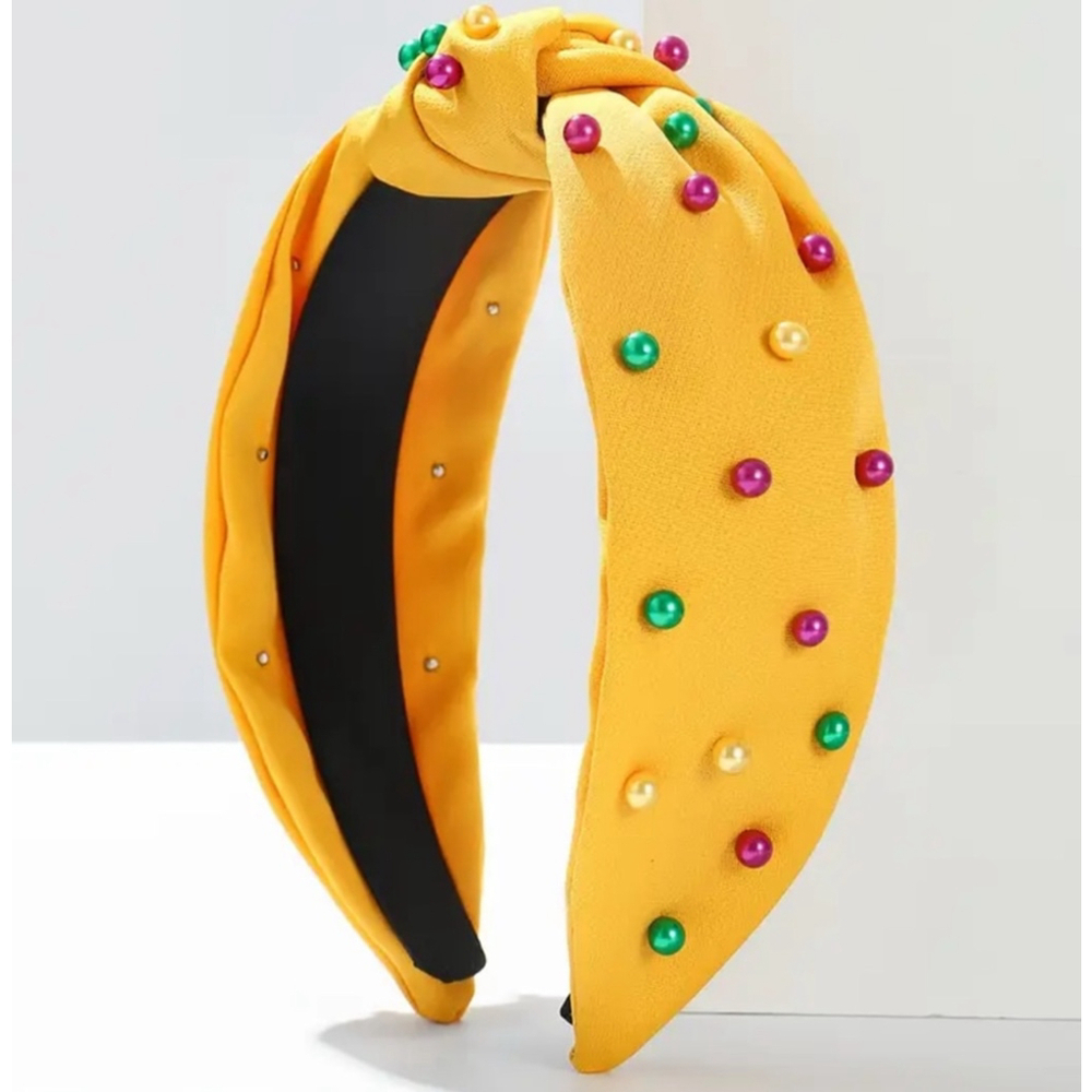 Yellow Top Knot Headband with Mardi Gras Purple, Green and Gold Faux Pearls